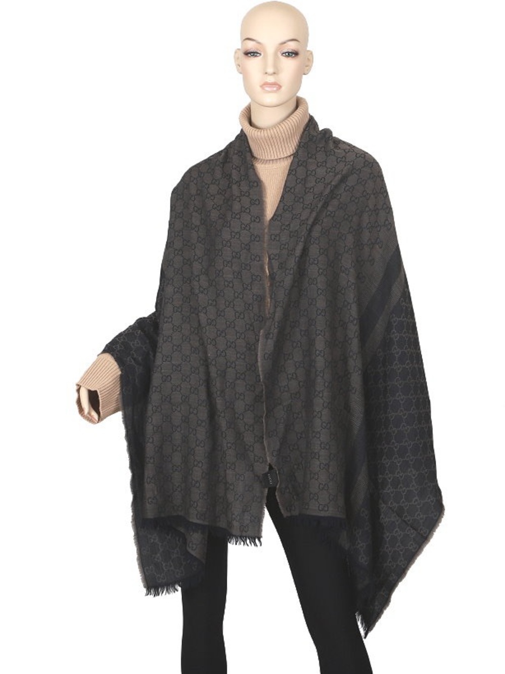 Gucci Dark Blue Taupe GG Logo Print Wool Silk Reversible Shawl Wrap Scarf Unisex